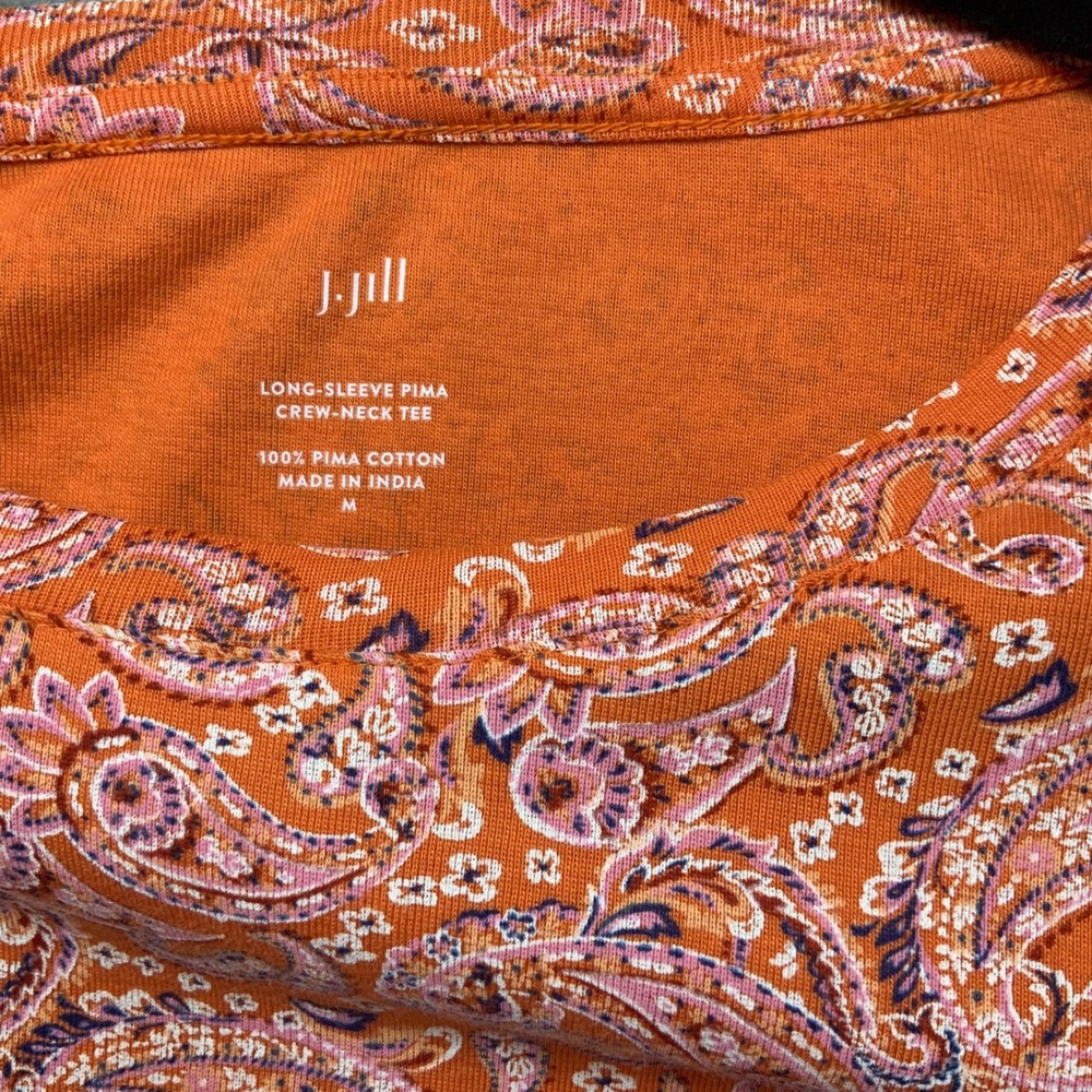 J. Jill Womens Orange Paisley Pima Cotton Long Sleeve Crew Neck Tee Size M - Picture 3 of 8
